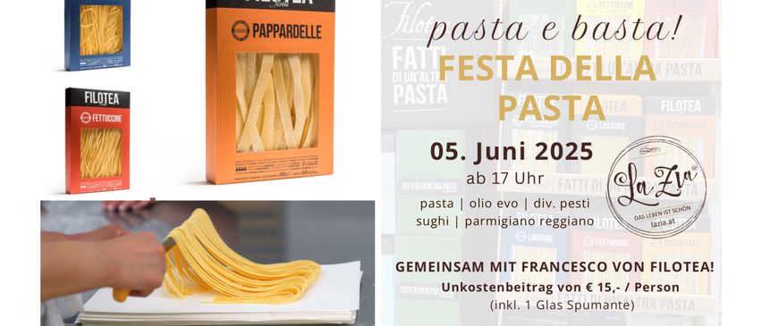 Ein Plakat für das Pasta-Festival am 5. Juni 2025 mit Pasta-Produkten und einer Veranstaltung mit Francesco Vo. Der Preis beträgt 15 Euro, einschließlich eines Glases Spumante.