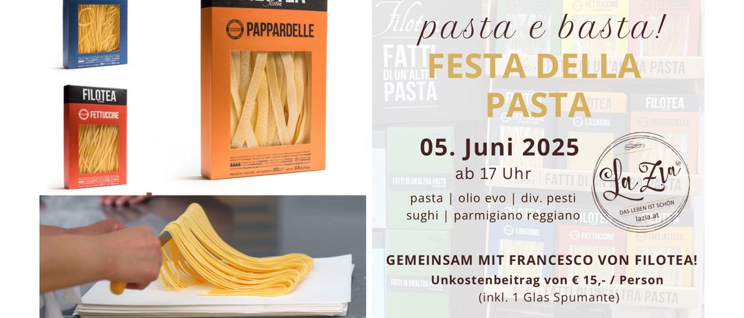 Ein Plakat für das Pasta-Festival am 5. Juni 2025 mit Pasta-Produkten und einer Veranstaltung mit Francesco Vo. Der Preis beträgt 15 Euro, einschließlich eines Glases Spumante.