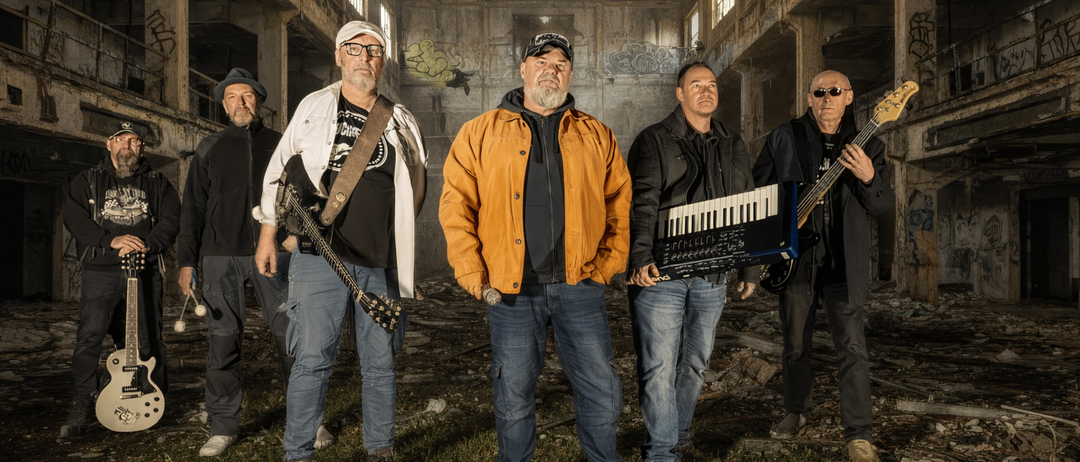 Fünf Männer stehen in einer alten Fabrik und halten Gitarren und ein Keyboard. Sie sind in Jacken und Mützen gekleidet, einer trägt eine Sonnenbrille.