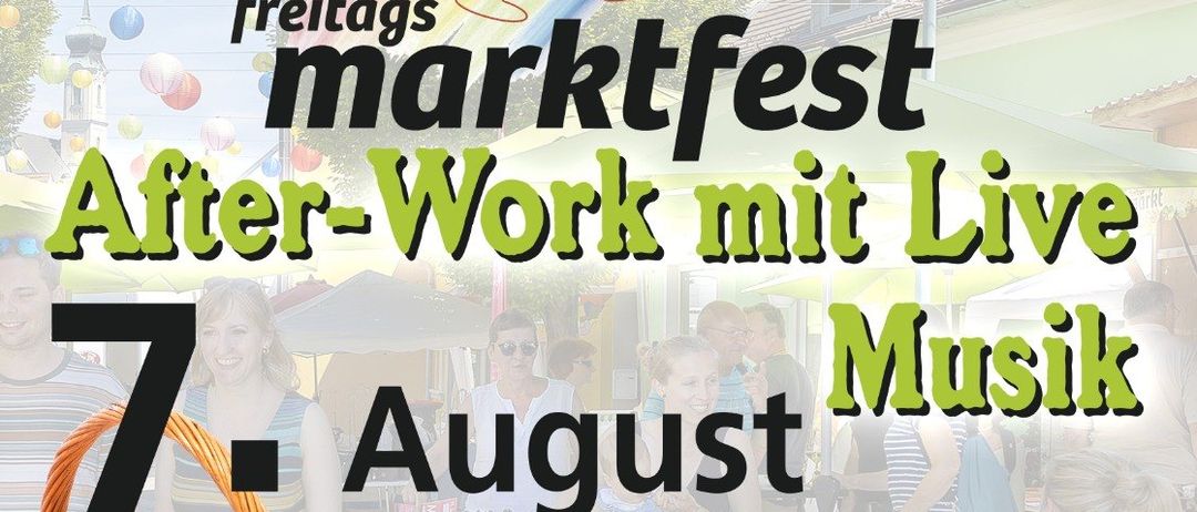 Plakat für ein Marktfest am 7. August mit Live-Musik, mit einer Tafel mit einer Gitarre, Gemüse und einem Schild für Auto Reiss.