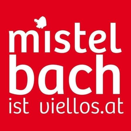 Ein roter Hintergrund zeigt das Logo 'mistelbach' mit einem weißen Symbol darüber. Darunter steht 'ist viellos.at'.