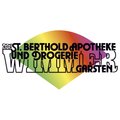 Logo für St. Berthold Apotheke und Drogerie im Wilhelmsgarten mit farbigem Regenbogenhintergrund.