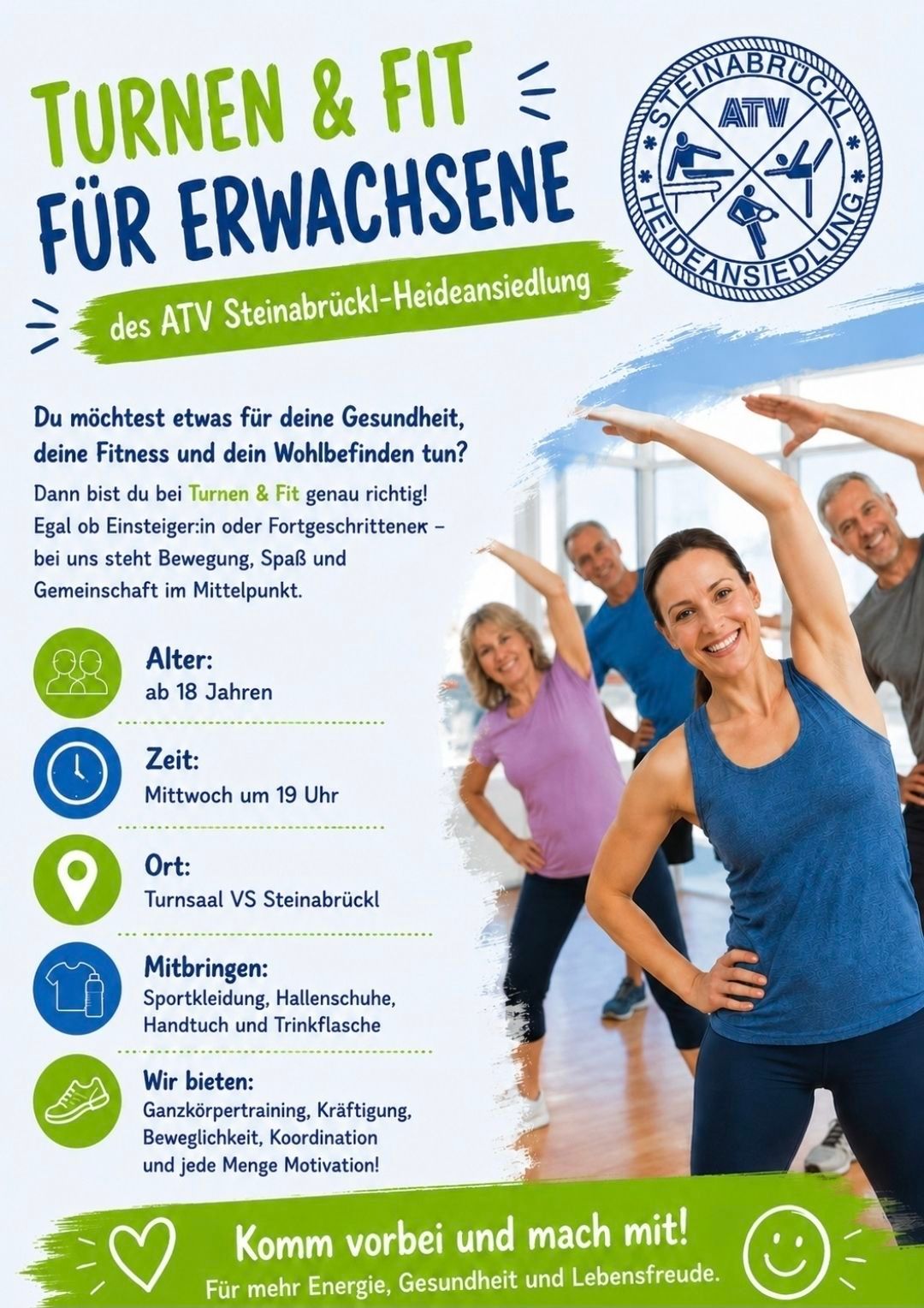 Plakat für Fitnesskurse für Erwachsene bei ATV Steinabrückl-Heidensiedlung. Es ist für Personen ab 18 Jahren, findet mittwochs um 19 Uhr im Turnsaal VS Steinabrückl statt. Teilnehmer sollten Sportkleidung, Hallenschuhe, ein Handtuch und eine Trinkflasche mitbringen. Die Aktivitäten umfassen Ganzkörpertraining und Krafttraining.