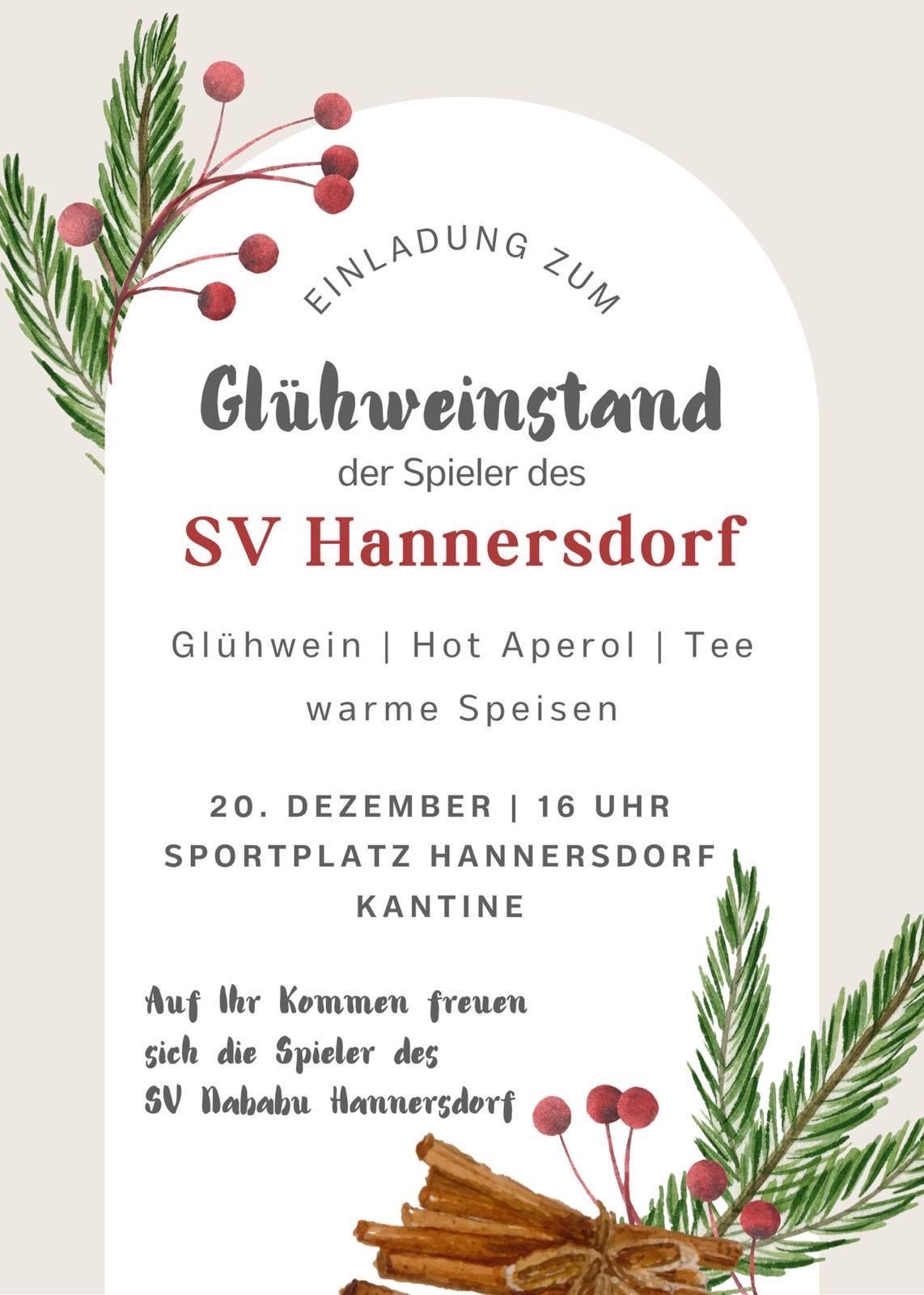 Einladung zum Glühweinstand der Spieler des SV Hannersdorf. Glühwein, heißer Aperol und Tee mit warmen Speisen. 20. Dezember, 16 Uhr am Sportplatz Hannersdorf Kantine. Die Spieler des SV Hannersdorf freuen sich auf Ihren Besuch.