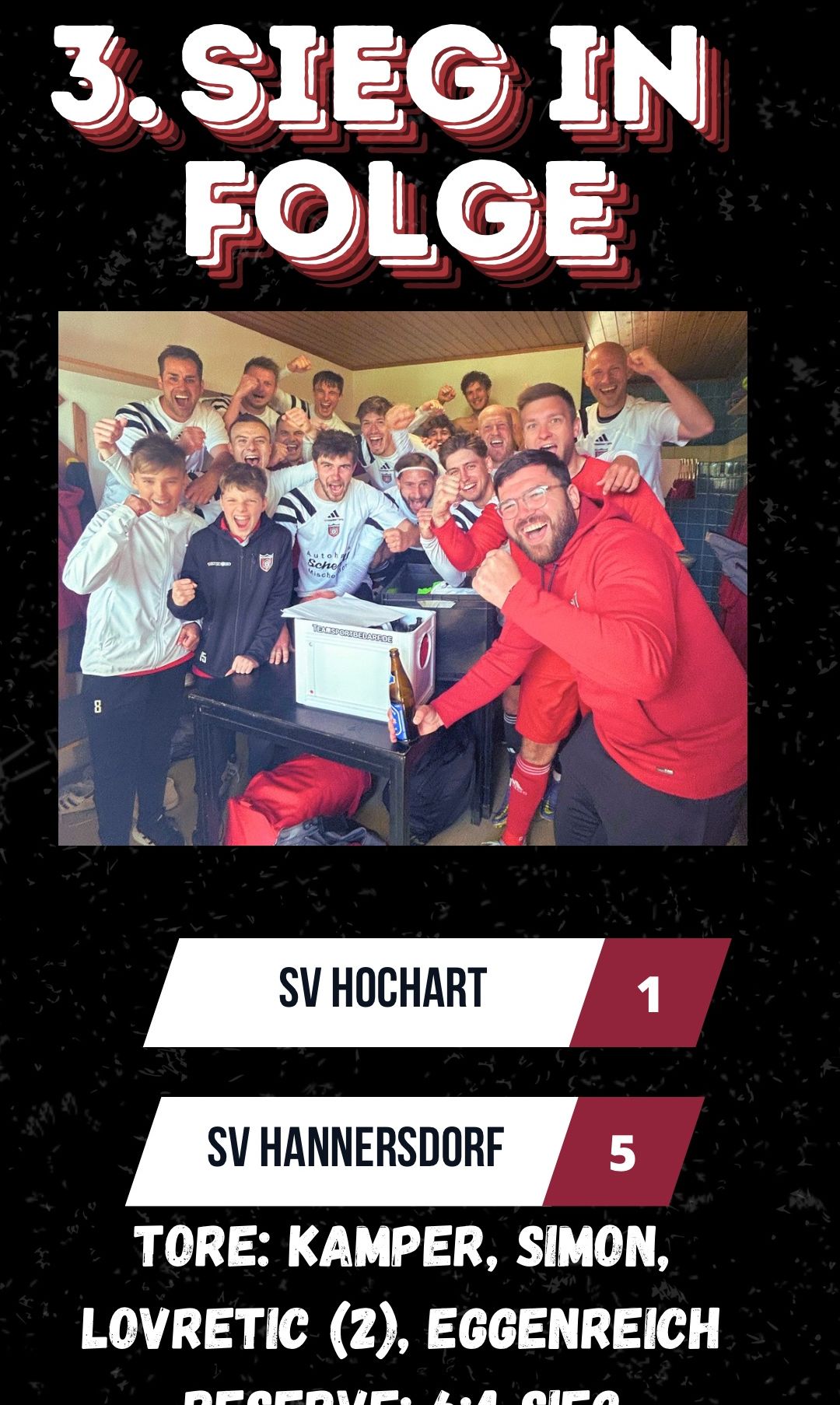 Eine Sportmannschaft feiert mit Bier, einer Box und einem Tisch. Ein Mann in einem roten Jackett hält eine Flasche. Der Name SV HOCHART und die Nummer 1 sind unten.
