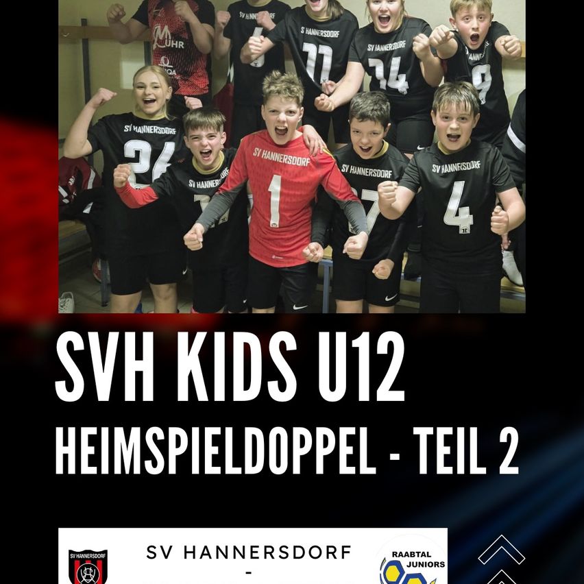 Gruppenfoto der SVH Kids U12 Mannschaft, alle in passenden Trikots, feiern gemeinsam. Der Text lautet 'SVH Kids U12 Heimspieldoppel Teil 2'.