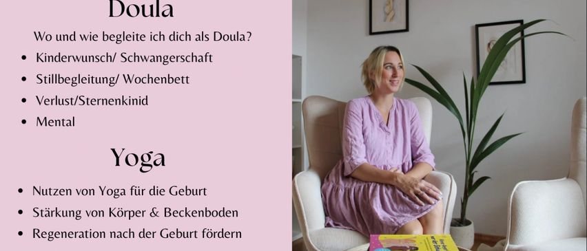 Ein Veranstaltungsposter für eine Yoga- und Babymassage-Sitzung. Es zeigt zwei Frauen, eine mit einem Baby und die andere auf einem Stuhl sitzend. Die Veranstaltung findet am 10. März 2020 um 17:30 Uhr auf dem Markt 1 in Bromberg statt. Kontaktnummern für Michelle und Barbara sind angegeben.