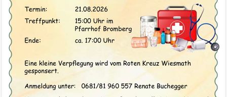 An event poster for a Red Cross activity on August 21, 2026. It includes details like the meeting time, location, and contact information. The poster features an ambulance and medical equipment.