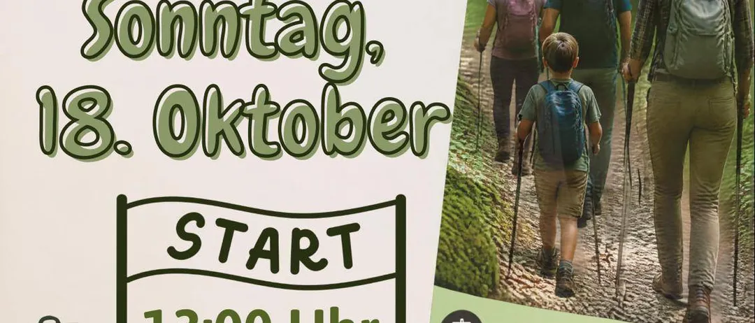 Ein Plakat für eine Wander-Tag Veranstaltung am 18. Oktober, das eine Familie zeigt, die mit Rucksäcken und Trekkingstöcken durch einen Wald wandert.