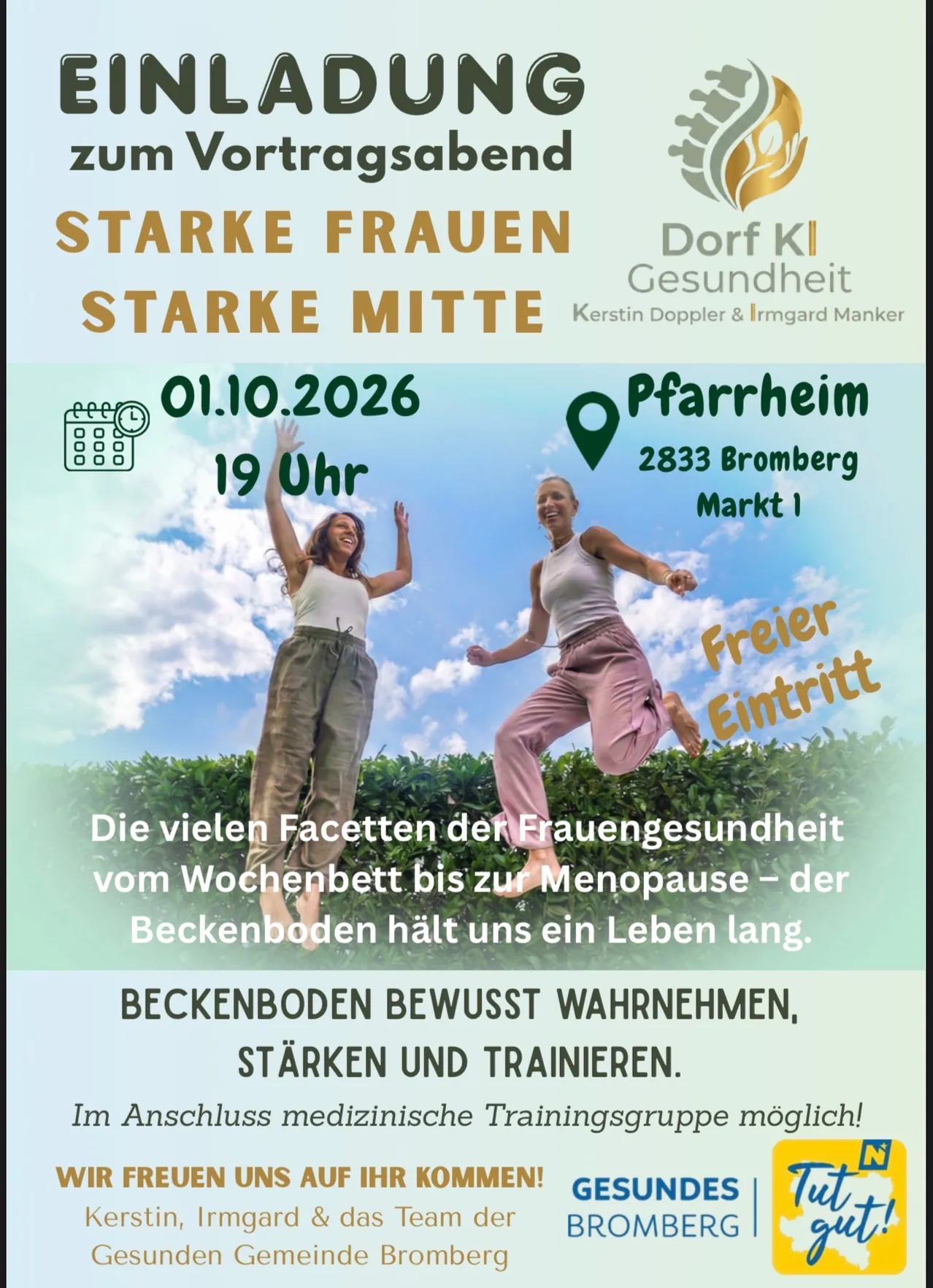 Plakat für eine Frauengesundheitsveranstaltung am 1. Oktober 2026 um 19 Uhr in Bromberg. Zwei Frauen springen in die Luft, eine in einem weißen Tanktop und die andere in rosa Hosen. Das Plakat beinhaltet ein kostenloses Eintrittsangebot.