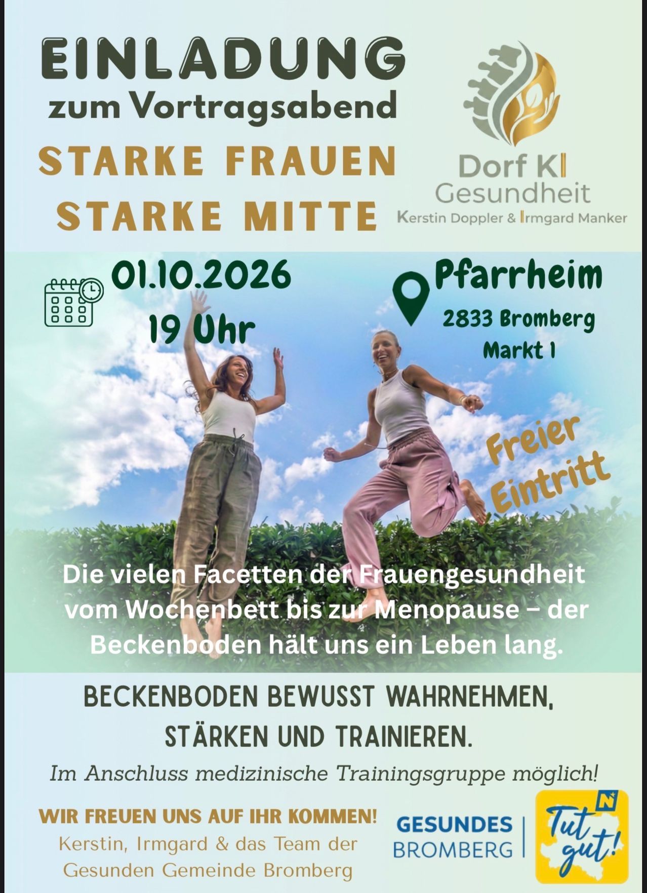Plakat für eine Frauengesundheitsveranstaltung am 1. Oktober 2026 um 19 Uhr in Bromberg. Zwei Frauen springen in die Luft, eine in einem weißen Tanktop und die andere in rosa Hosen. Das Plakat beinhaltet ein kostenloses Eintrittsangebot.