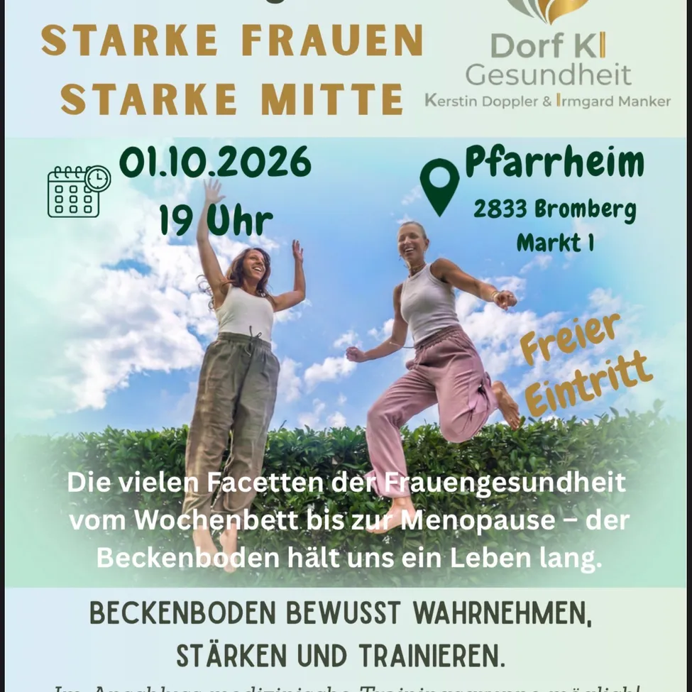 Plakat für eine Frauengesundheitsveranstaltung am 1. Oktober 2026 um 19 Uhr in Bromberg. Zwei Frauen springen in die Luft, eine in einem weißen Tanktop und die andere in rosa Hosen. Das Plakat beinhaltet ein kostenloses Eintrittsangebot.