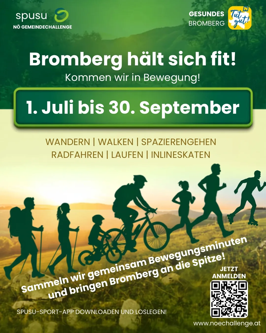 Ein Werbeplakat für Bromberg fit. Aktivitäten wie Wandern, Spazieren, Radfahren, Laufen und Inlineskaten. Termine vom 1. Juli bis 30. September. Ein QR-Code ist für die Anmeldung vorhanden.