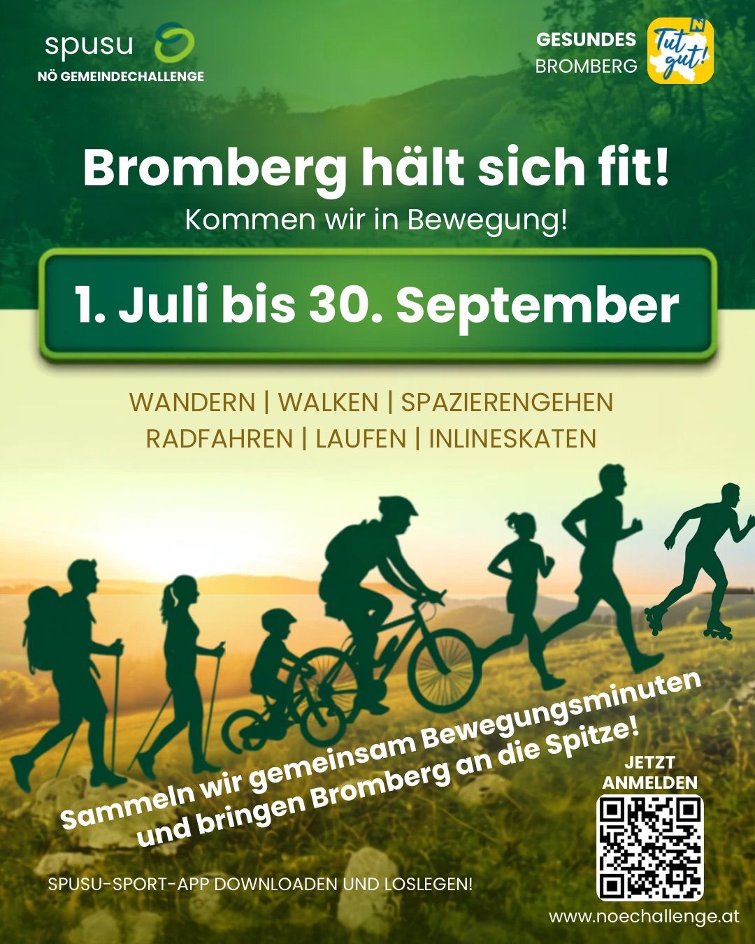 Ein Werbeplakat für Bromberg fit. Aktivitäten wie Wandern, Spazieren, Radfahren, Laufen und Inlineskaten. Termine vom 1. Juli bis 30. September. Ein QR-Code ist für die Anmeldung vorhanden.