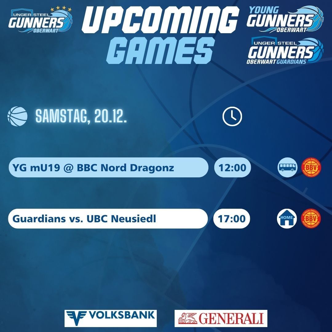 Kommende Basketballspiele am Samstag, 20. Dezember. Jugendspiel um 12:00 und ein Spiel zwischen Guardians und UBC Neusiedl um 17:00. Gesponsert von Volksbank und Generali.