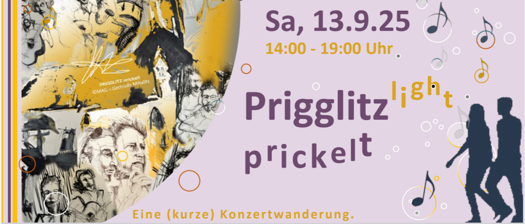 Plakat für ein Konzertevent mit dem Titel 'Prigglitz prickelt' am Samstag, 13.9.25 von 14:00 bis 19:00 Uhr. Eine Zeichnung eines Mannes und einer Frau ist ebenfalls zu sehen.