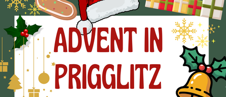 Plakat für Advent in Prigglitz zeigt eine festliche Szene mit Chören, Glocken und dem Weihnachtsmann. Die Veranstaltung ist für den 21. Dezember 2025 um 15:00 Uhr in der Pfarrkirche geplant. Es beinhaltet ein gemütliches Beisammensein mit Tee, Kuchen und Keksen.