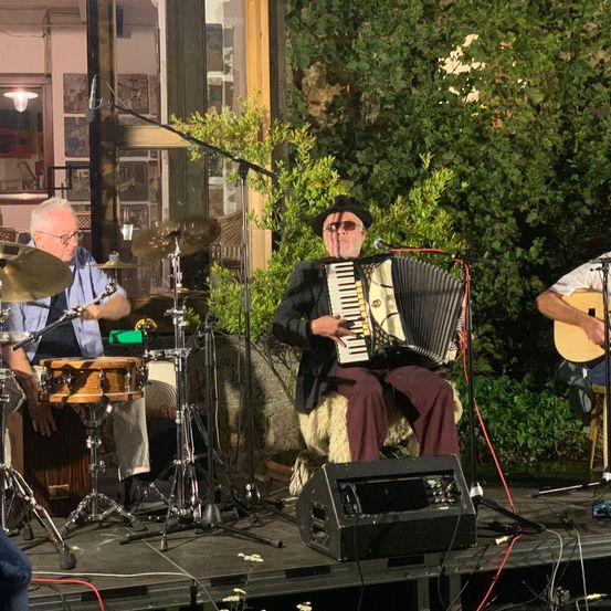 Ein Musiker spielt Akkordeon auf der Bühne. Ihm zur Seite stehen ein Schlagzeuger mit Becken und ein Gitarrist. Sie spielen unter Licht.