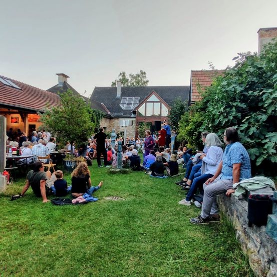 Eine Gruppe von Menschen sitzt auf dem Rasen in einem Außenbereich, vielleicht für ein Konzert. Einige stehen, während andere auf Stühlen sitzen. Bäume, Pflanzen und Häuser befinden sich in der Umgebung. Der Himmel ist klar und es scheint Dämmerung zu sein.