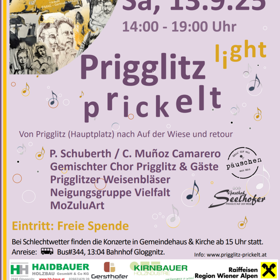 Plakat für das Prigglitz prickelt Ereignis. Geplant für Samstag, 15. September 2024, von 14:00 bis 19:00 Uhr. Es zeigt eine Illustration von Prigglitz, Noten und Text. Der Eintritt ist frei.