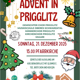 Werbeplakat für das Advent-Event in Prigglitz, mit verschiedenen Weihnachtsdekorationen wie einem Weihnachtsbaum, Santa Claus und einer Glocke. Es enthält Informationen zum Datum, zur Zeit und zum Ort der Veranstaltung.