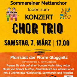 Einladung zum Konzert des Sommereiner Mettenchors mit einem Chortrio. Der Termin ist Samstag, 7. März um 17.00 Uhr. Der Veranstaltungsort ist der Pfarrsaal der Pfarre Gloggnitz in der Hartholzstraße 5, 2640 Gloggnitz. Freuen Sie sich auf einen Nachmittag voller Musik aus verschiedenen Genres.