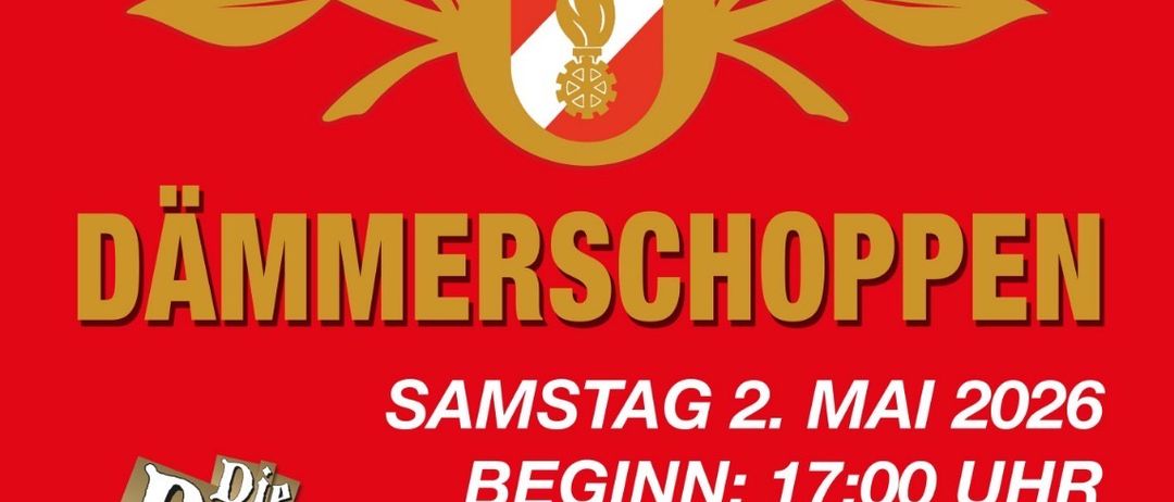Rotes Plakat für das 'Dämmerschoppen'-Event der Freiwilligen Feuerwehr Rohrbach am Kulm am 2. Mai 2026, Beginn um 17:00 Uhr. Zeigt Floriani-Abzeichen, Programmdetails und Logo.
