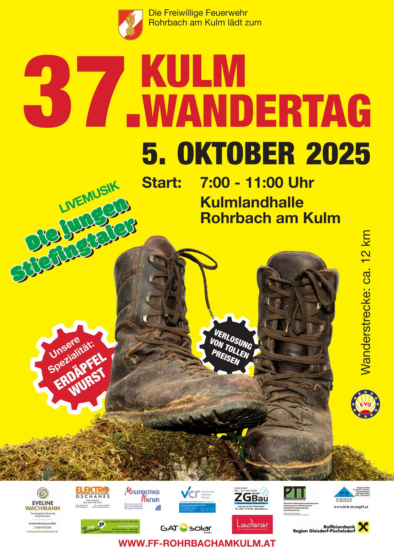 Plakat für den 37. Kulm-Wandertag am 5. Oktober 2025. Beginn um 7:00 Uhr und Ende um 11:00 Uhr. Live-Musik von den jungen Steigtalern. Distanz: 12 km. Kulmhalle, Rohrbach am Kulm.