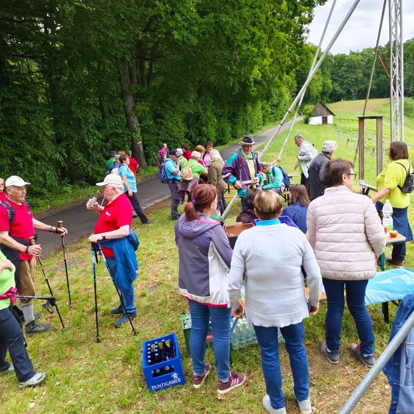 Eine Gruppe von Wanderern in Freizeitkleidung versammelt sich in einem Grasbereich nahe einer Straße, mit Bäumen und einem kleinen Haus im Hintergrund. Sie scheinen eine Pause einzulegen.