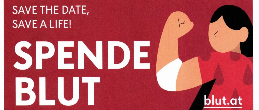 Ein Plakat für eine Blutspendeveranstaltung am Donnerstag, 10. September 2026, im Bernstein Madonna Schloss. Die Veranstaltung läuft von 16:30 bis 20:30 Uhr. Es beinhaltet eine kostenlose Gesundheitsuntersuchung. Ein QR-Code ist für die Buchung vorhanden.