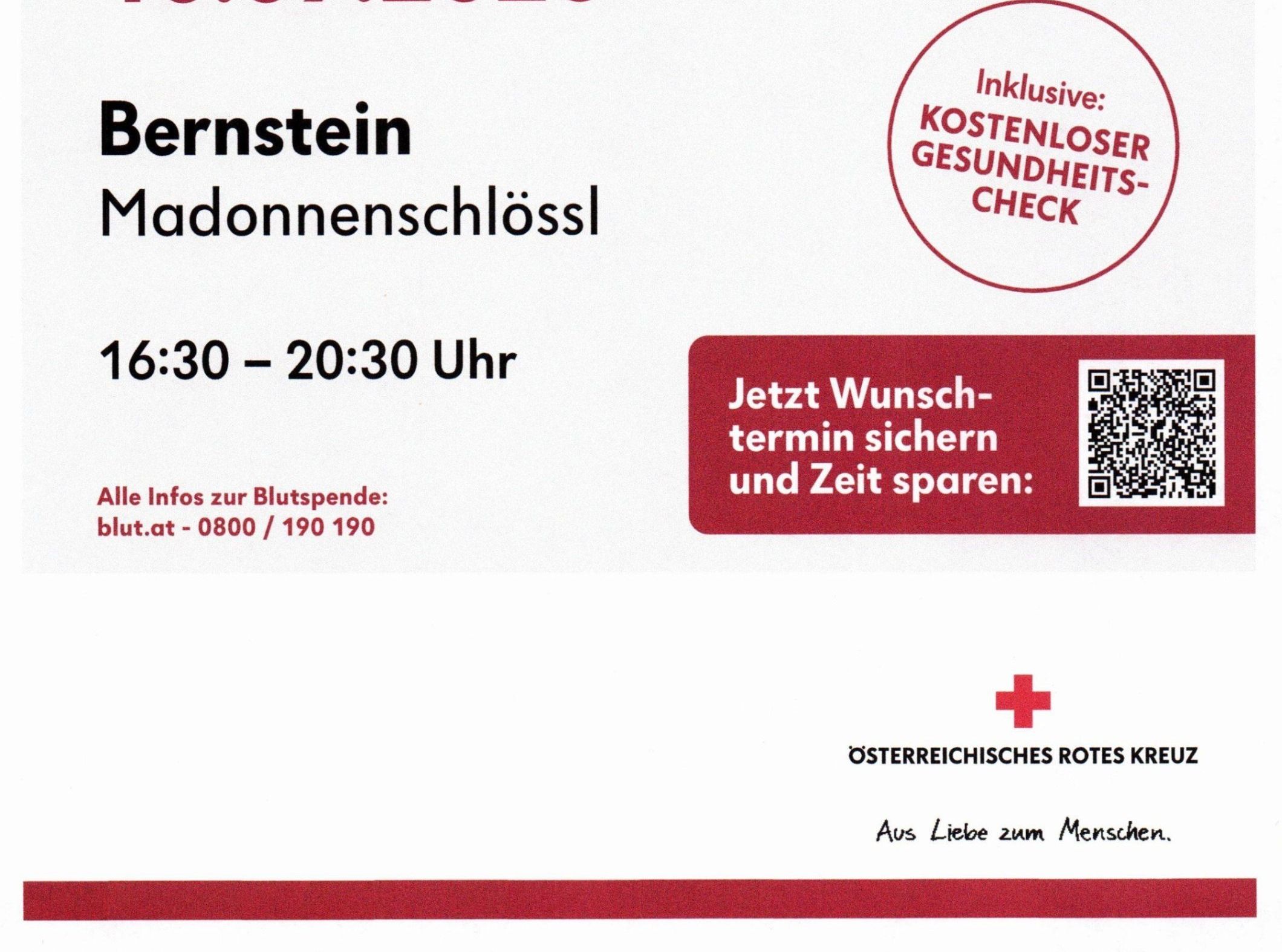 Ein Flyer für eine Blutspendeveranstaltung im Schloss Ernststein, die einen kostenlosen Gesundheitscheck anbietet. Die Veranstaltung läuft von 15:30 Uhr bis 20:30 Uhr. Kontaktinformationen und ein QR-Code für die Terminbuchung sind angegeben.