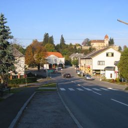 Ein kleines Dorf mit einer Burg in der Ferne. Die Straße ist leer, mit geparkten Autos an der Seite. Bäume und Büsche säumen die Straße.