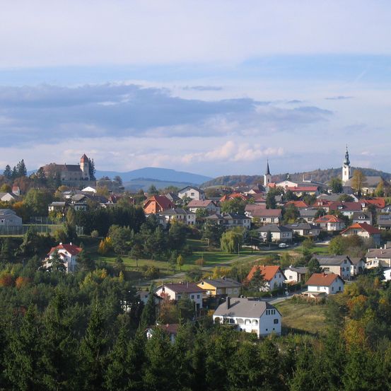 Luftaufnahme einer Stadt mit vielen Häusern, umgeben von Bäumen und Bergen. Die Häuser sind in verschiedenen Farben und Größen. In der Ferne befindet sich ein Schloss.