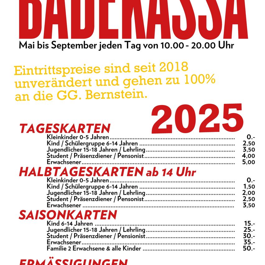 Plakat mit Eintrittspreisen für den Dadassa-Park. Die Preise sind seit 2018 fest und gehen an die GG Bernstein.