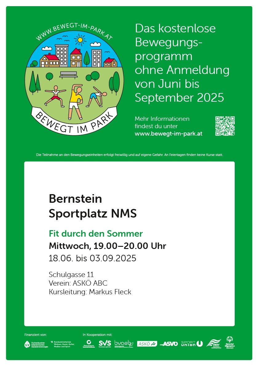 Ein Outdoor-Fitnessprogramm am Bernstein Sportplatz NMS, ohne Anmeldung, von Juni bis September 2025. Mittwochs, 19:00-20:00. Adresse: Schulgasse 11. Veranstalter: ASKÖ ABC. Kursleiter: Markus Fleck. Mehr Infos unter www.bewegt-im-park.at.