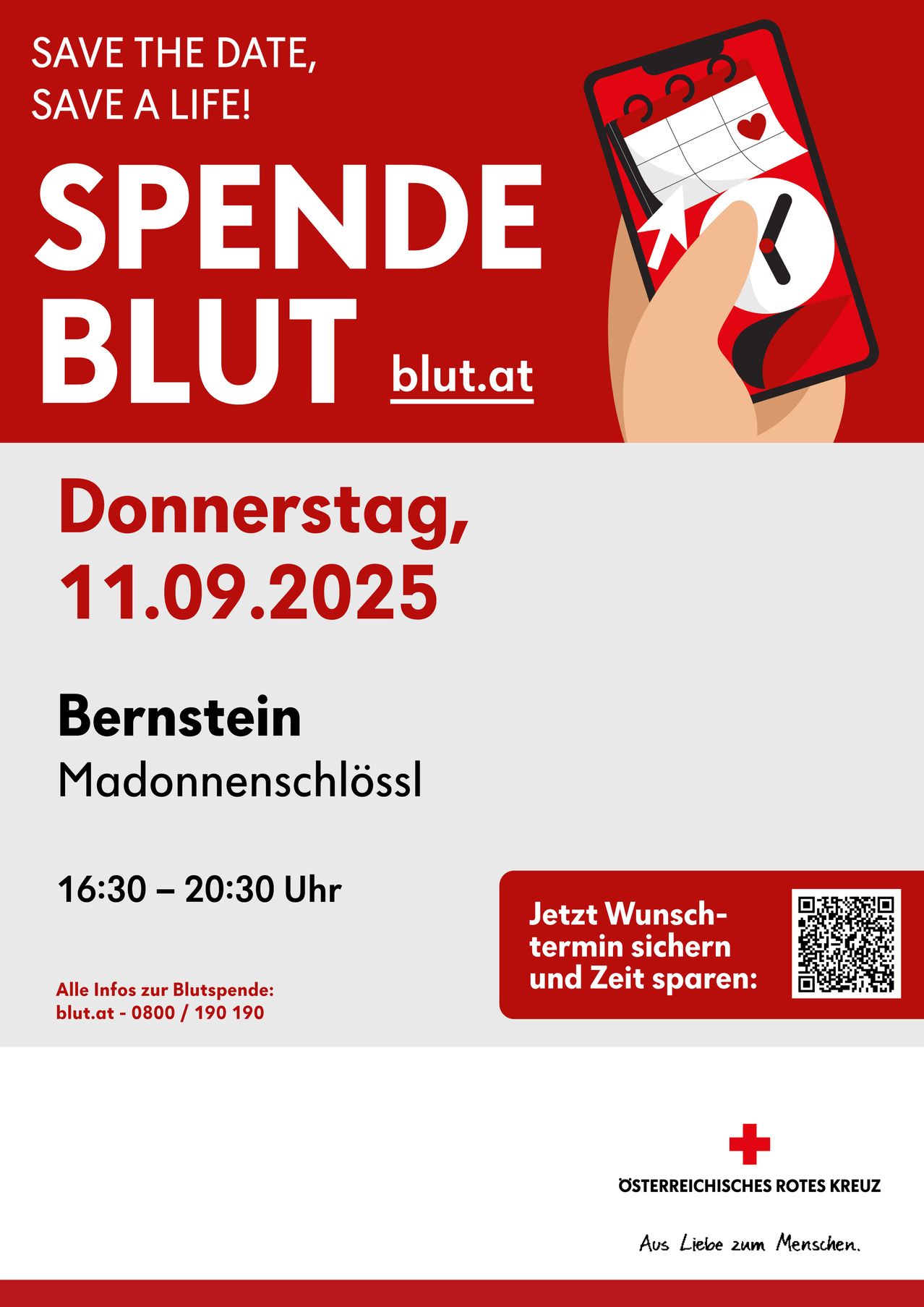 Blutspende-Veranstaltung am Donnerstag, 11. September 2025, in der Bernstein Madonna Kirche. Zeit: 16:30-20:30. Sichern Sie Ihren Termin und sparen Sie Zeit mit einem QR-Code.