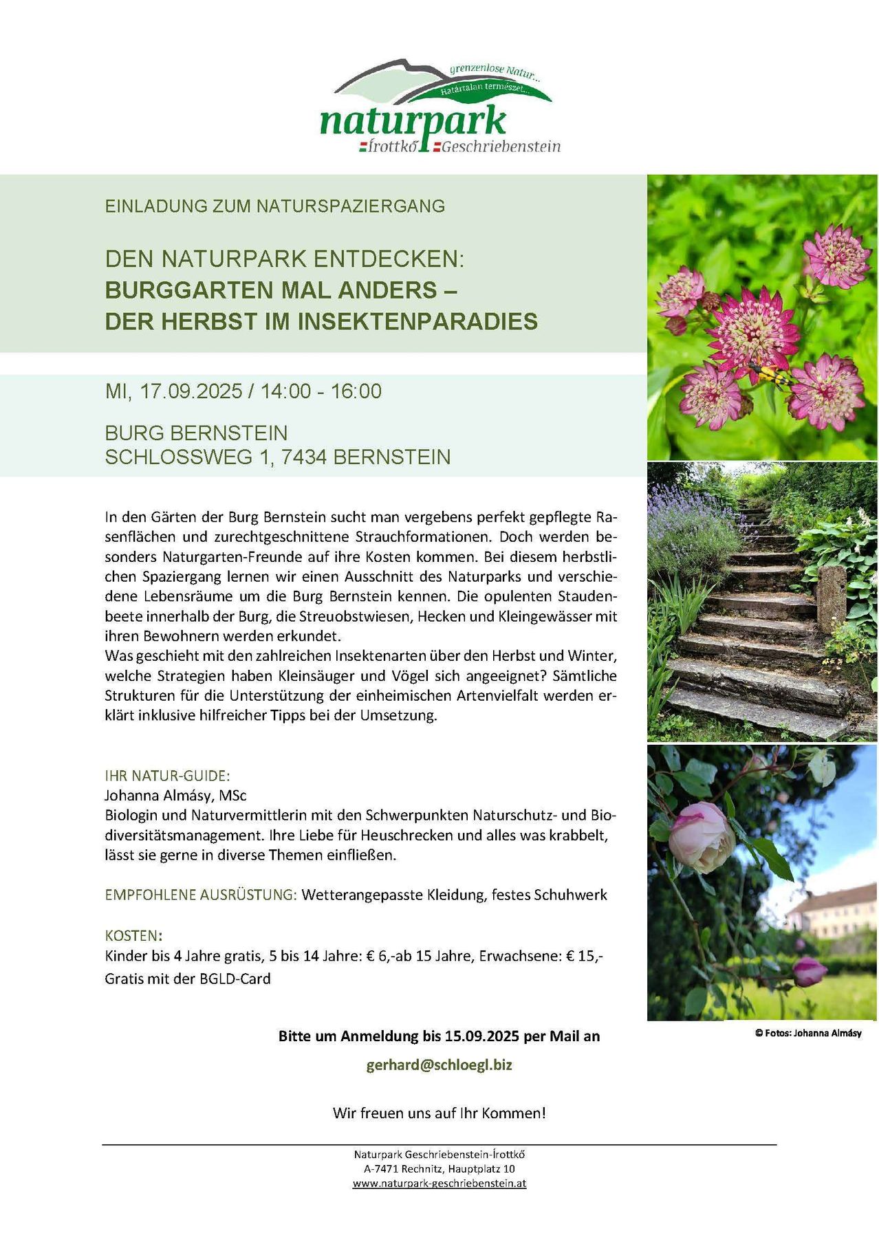 Einladung zum Naturspaziergang auf Burg Bernstein am 17.09.2025 von 14:00 bis 16:00. Höhepunkte sind die Entdeckung des Naturparks, das Lernen über Insektenarten im Herbst und das Treffen der Burgbewohner. Geführt von Johanna Almasy, mit empfohlener Kleidung und Preisen.