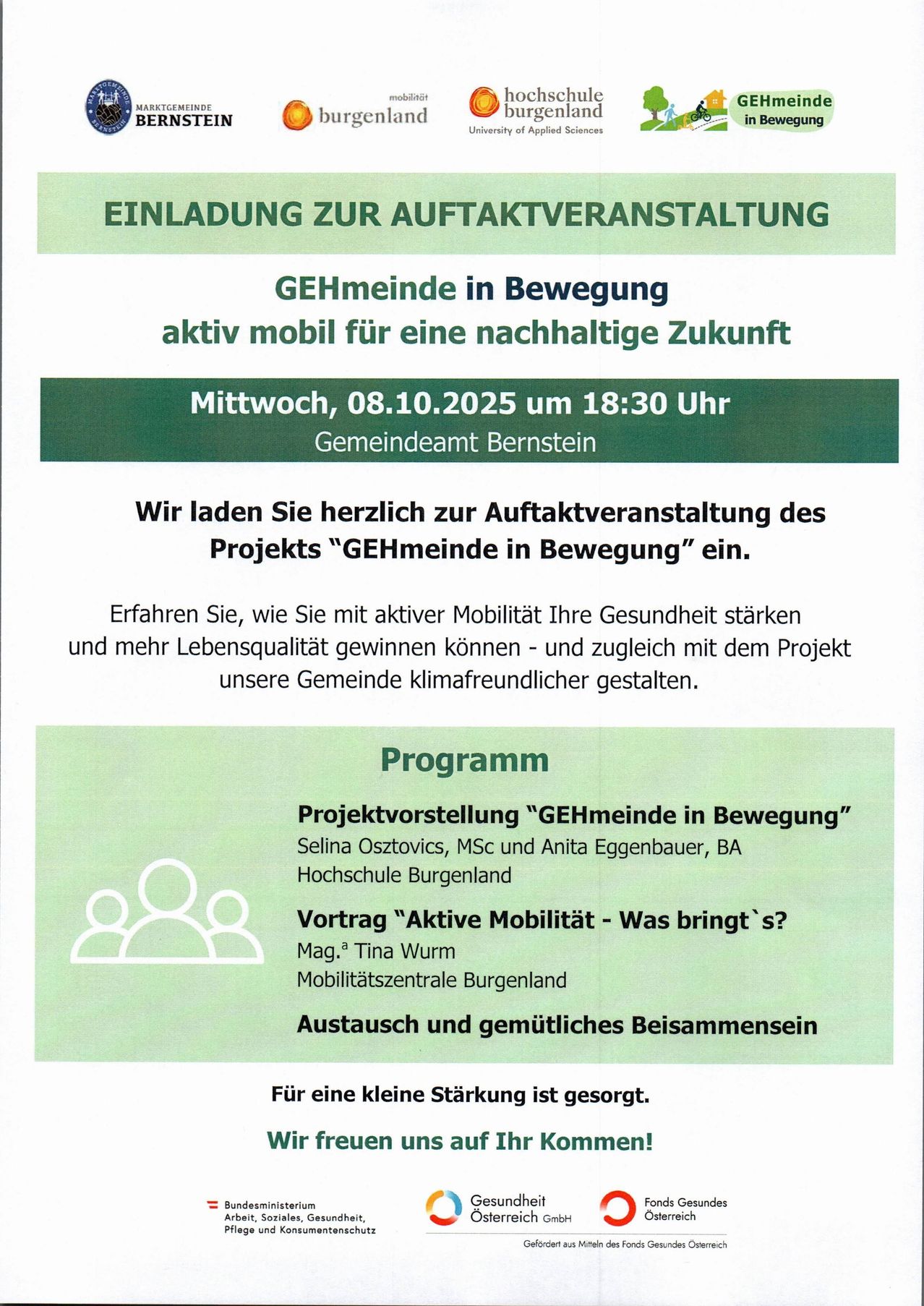 Einladung zur Veranstaltung: "GEHmeinde in Bewegung". Aktive Mobilität für eine nachhaltige Zukunft. Mittwoch, 08.10.2025 um 18:30 Uhr. Projektvorstellung, Vortrag über aktive Mobilität und Austausch.