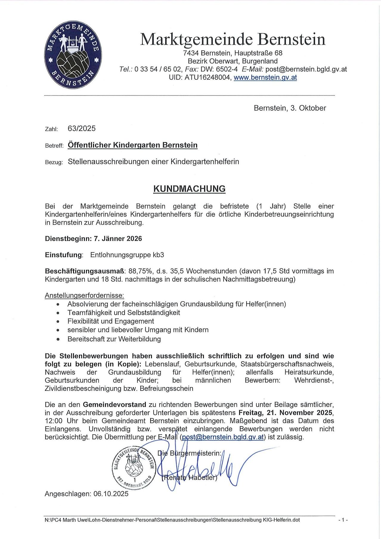 Bernstein, October 3, 2023. Reference: Public Kindergarten Bernstein. Subject: Job Description for a Kindergarten Helper. Job begins: January 7, 2026. Shift: Salary Group k3. Hours: 88.75%, 35.5 weeks (17.5 weekdays in Kindergarten and 18 hours in school). Job duties include providing childcare, teamwork, flexibility, engaging with children, and willingness to continue education.