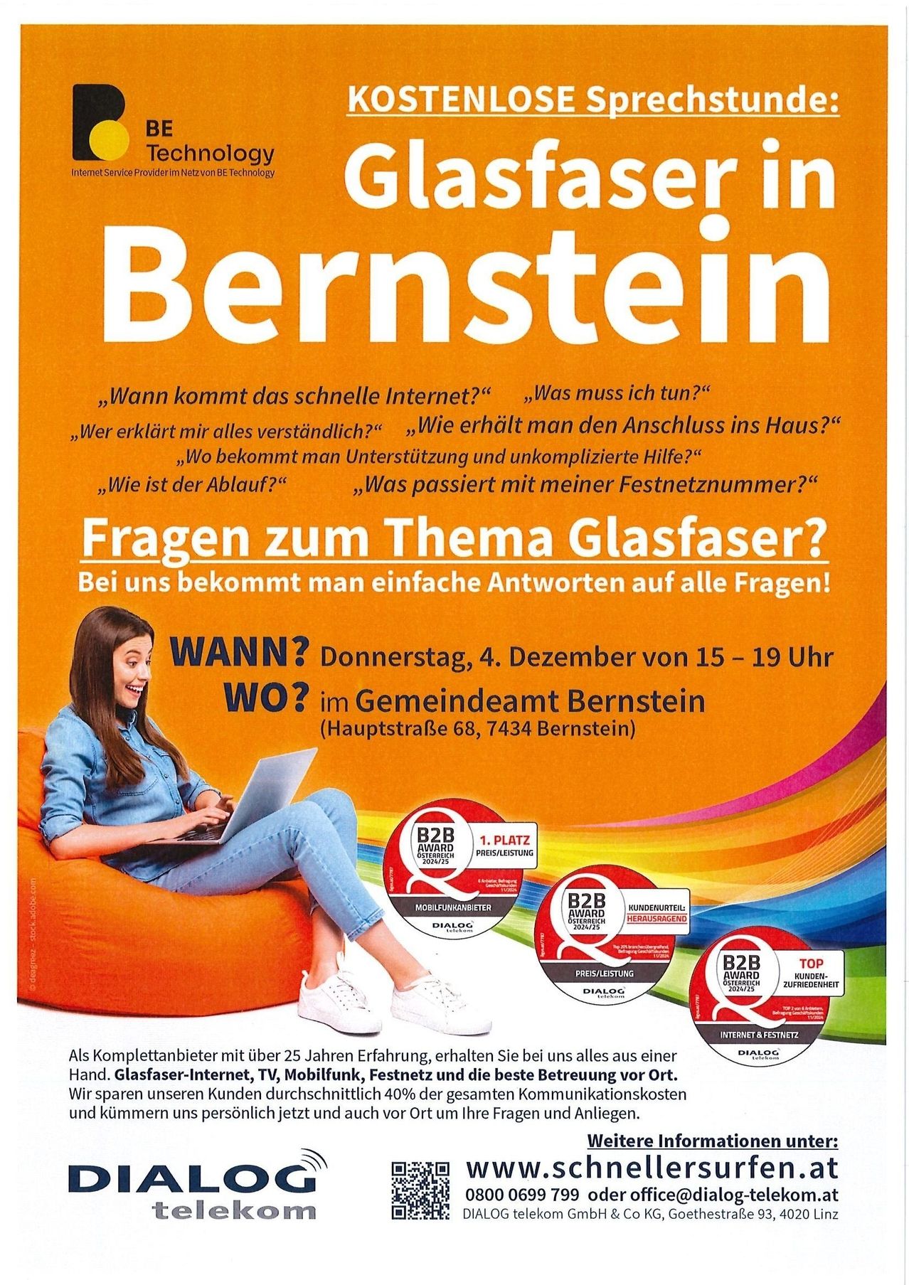 Eine Werbung für Glasfaser-Internet mit einer Frau, die einen Laptop benutzt, bietet Antworten auf Fragen zum Glasfaser-Internet. Die Veranstaltung ist am 4. Dezember von 15-19 Uhr im Gemeindeamt Bernstein.