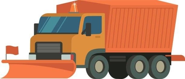 Illustration eines orangefarbenen Lastwagens mit angebrachtem Schneepflug. Der Lkw hat eine Fahne an der Seite und ein Licht oben.