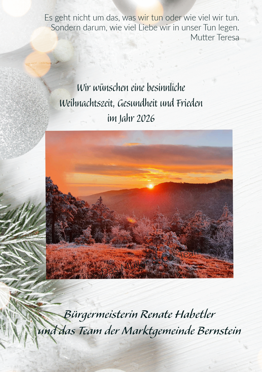 Eine Winterlandschaft mit einem untergehenden Sonnenschein über einer verschneiten Bergkette. Eine festliche Begrüßung des Bürgermeisters für eine friedliche Weihnachtszeit, Gesundheit und Frieden im Jahr 2026.