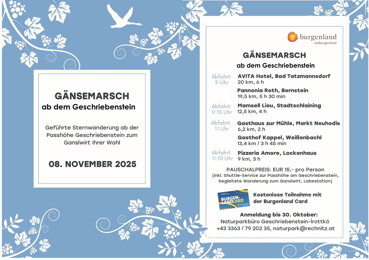 Poster for a guided stargazing event on November 8, 2025, near Geschrieberstein. Departure times from various locations, including AVITA Hotel and Pannonia Roth. Includes shuttle service, guided walk, and free Burgenland Card participation. Registration deadline is October 30. Contact details provided.