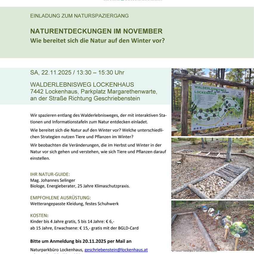 The flyer invites to a nature walk in November. It features a map, contact details, and information about the nature guide. It discusses nature preparations for winter, and it provides details on cost, equipment, and registration.