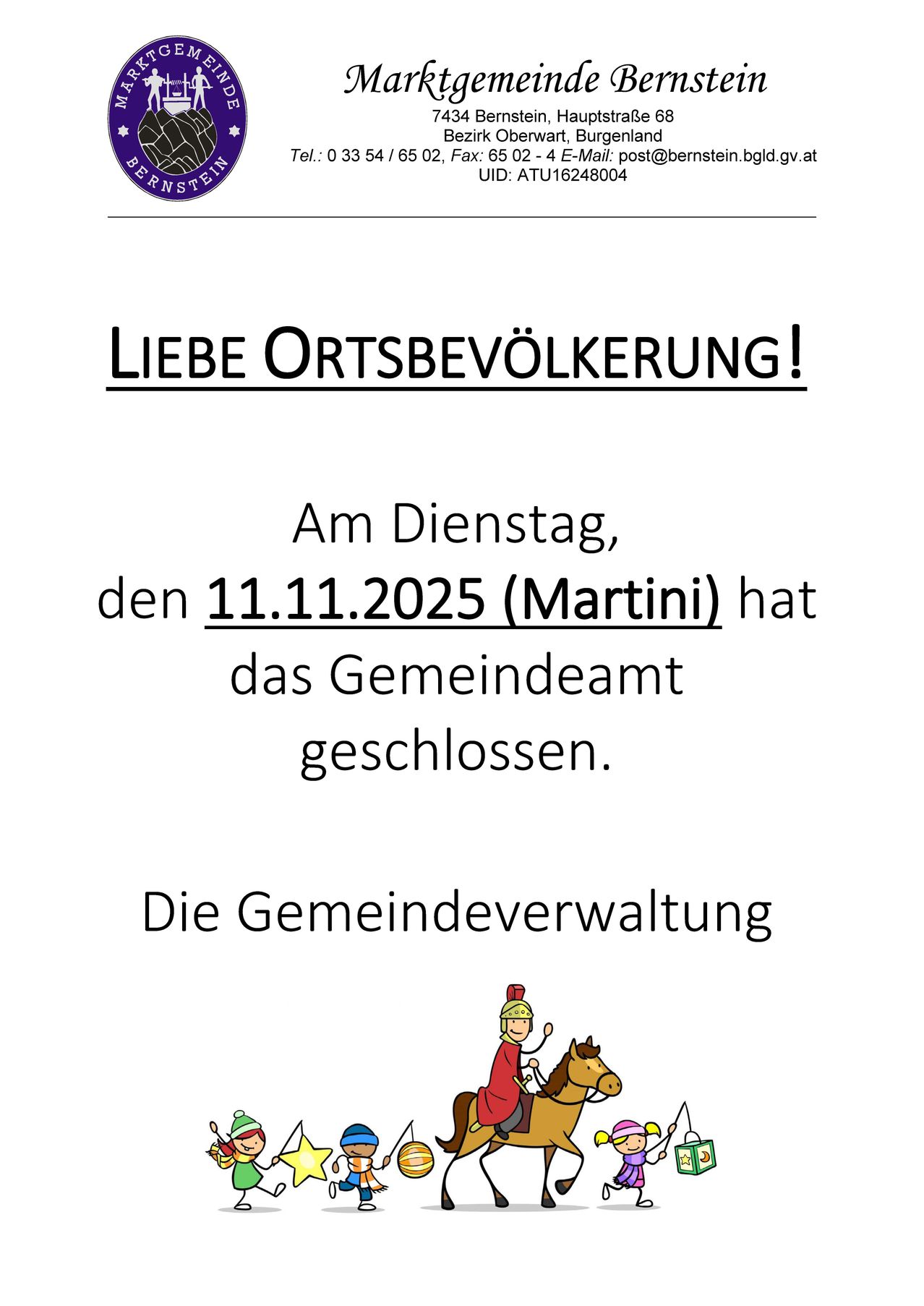 Das Gemeindeamt hat am Dienstag, den 11.11.2025 (Martini) geschlossen. Eine Illustration einer Person, die ein Pferd reitet, ist ebenfalls vorhanden.