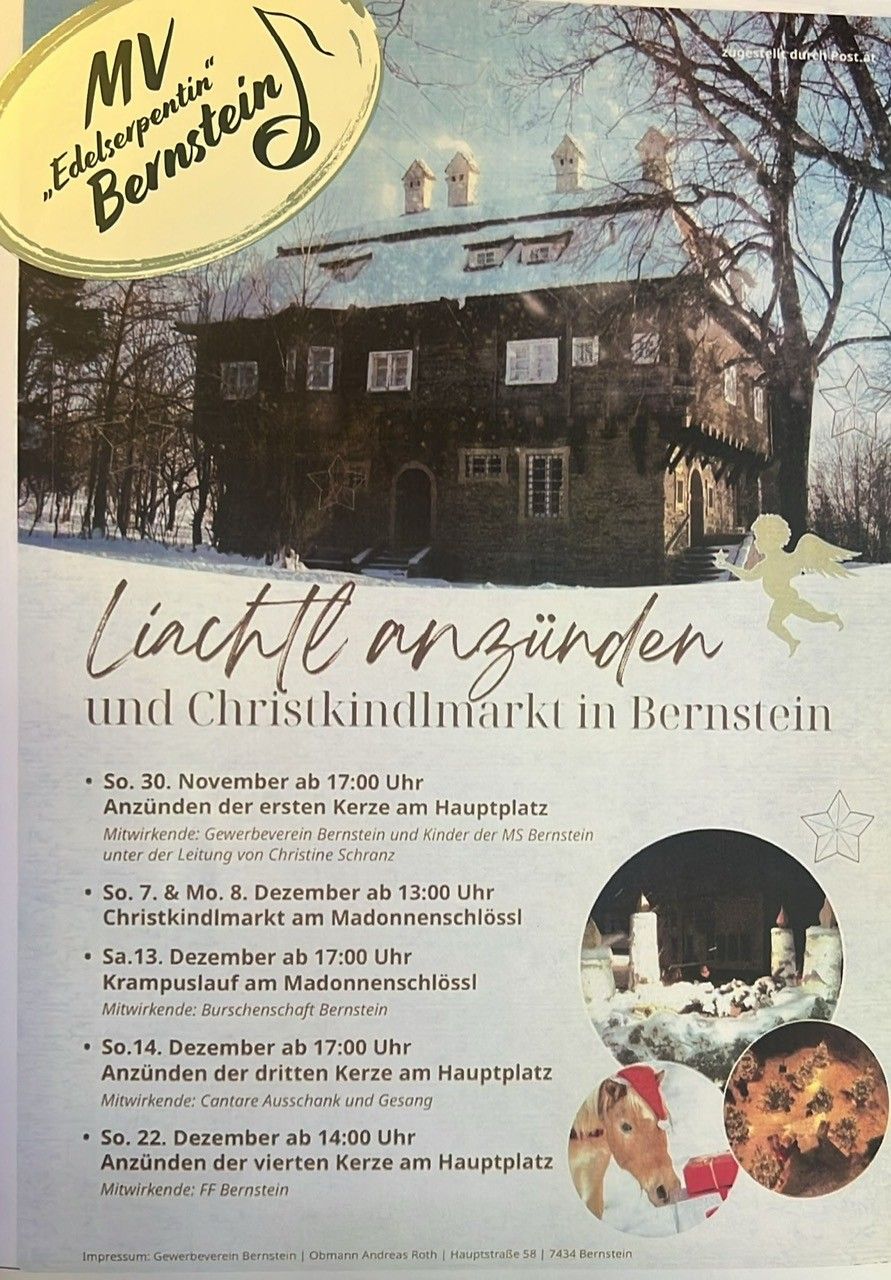 Ein Plakat für Veranstaltungen in Bernstein, mit einem verschneiten Haus im Vordergrund, kündigt Lichtshows und einen Weihnachtsmarkt an. Zu den Veranstaltungen gehören das Entzünden der ersten Kerze am 30. November, ein Weihnachtsmarkt am 7. und 8. Dezember und Krampuslauf am 13. Dezember.