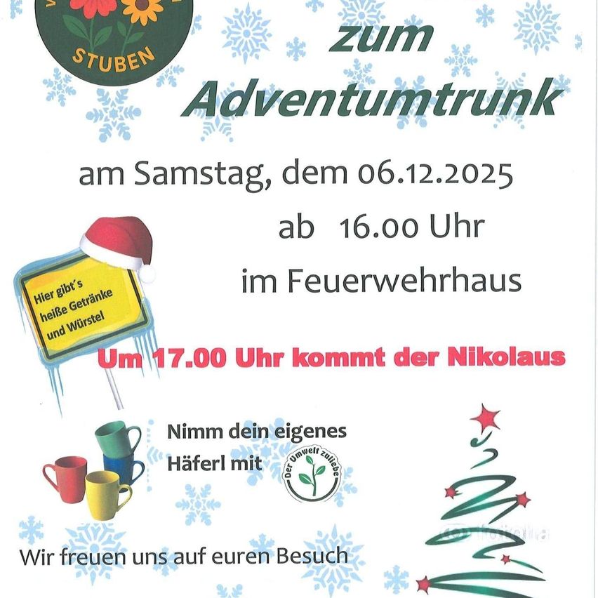 Plakat für Adventumtrunk-Veranstaltung am 6. Dezember 2025, Beginn um 16.00 Uhr. Mit Schneeflocken, Weihnachtsmütze und Tassen mit warmen Getränken. Nikolaus kommt um 17.00 Uhr.