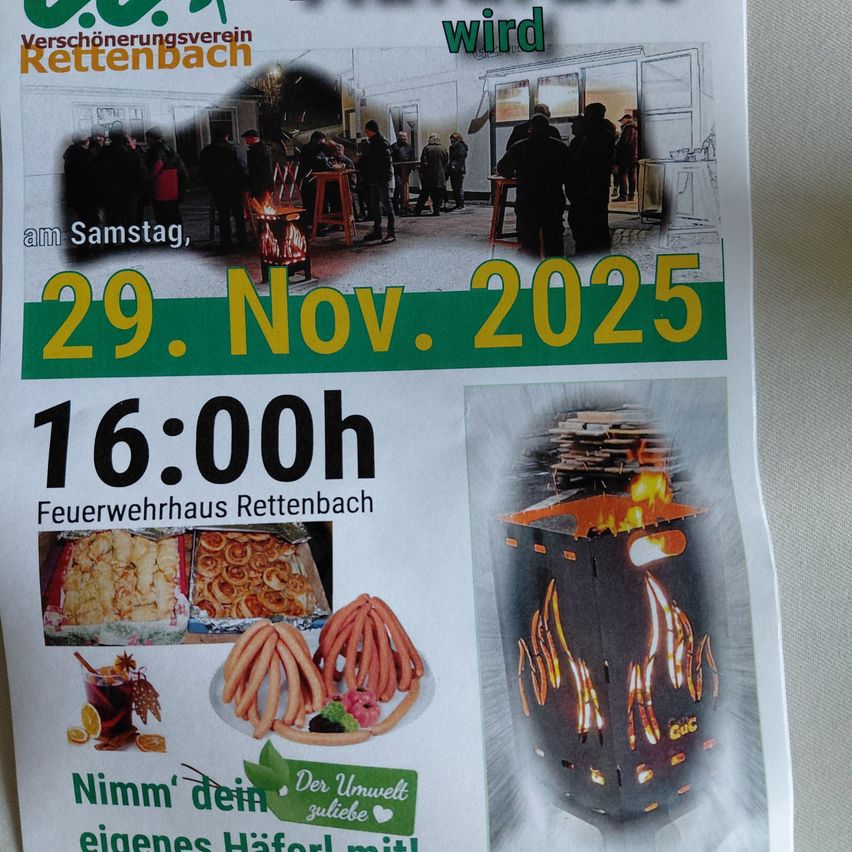 Plakat für die Veranstaltung des Verschönerungsvereins Rettenbach am Samstag, 29. November 2025, um 16:00 Uhr, mit Feuerstelle, Essen und Menschen.