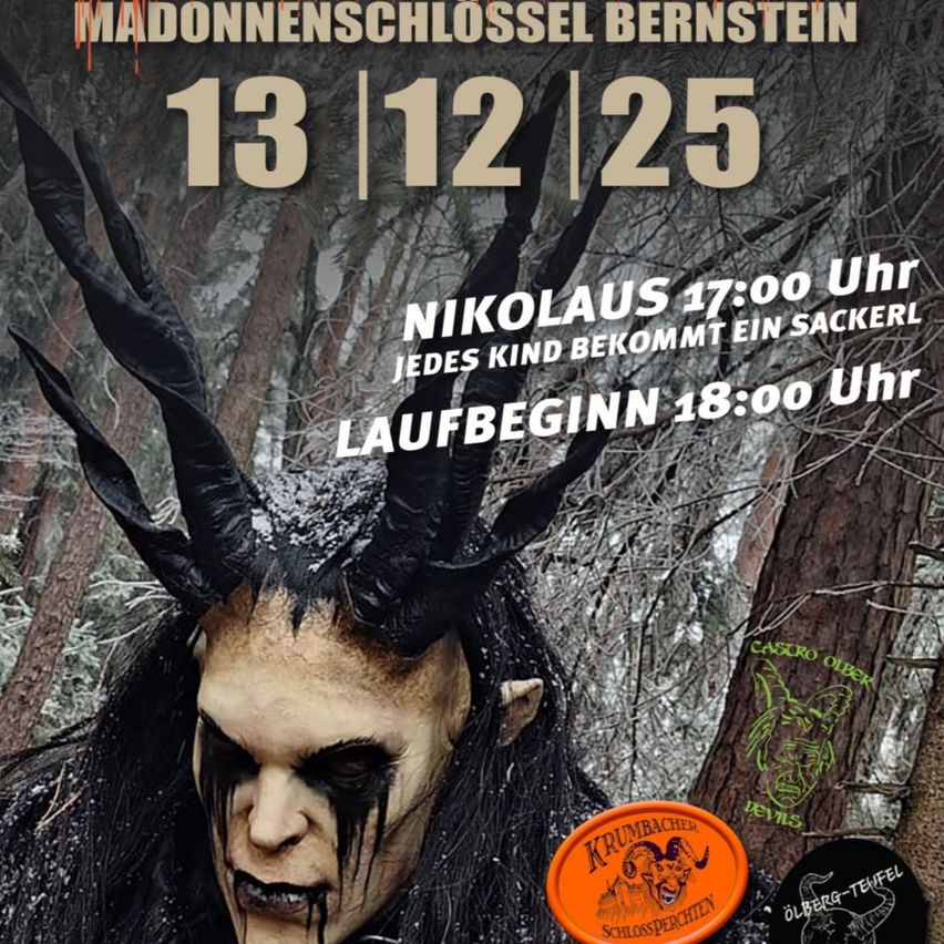 Werbeplakat für eine Veranstaltung im Madonnenschlossel Bernstein am 13/12/25. Es zeigt ein gehörntes, geschminktes Gesicht und gibt die Zeiten für Nikolaus um 17:00 und den Beginn der Veranstaltung um 18:00 an.