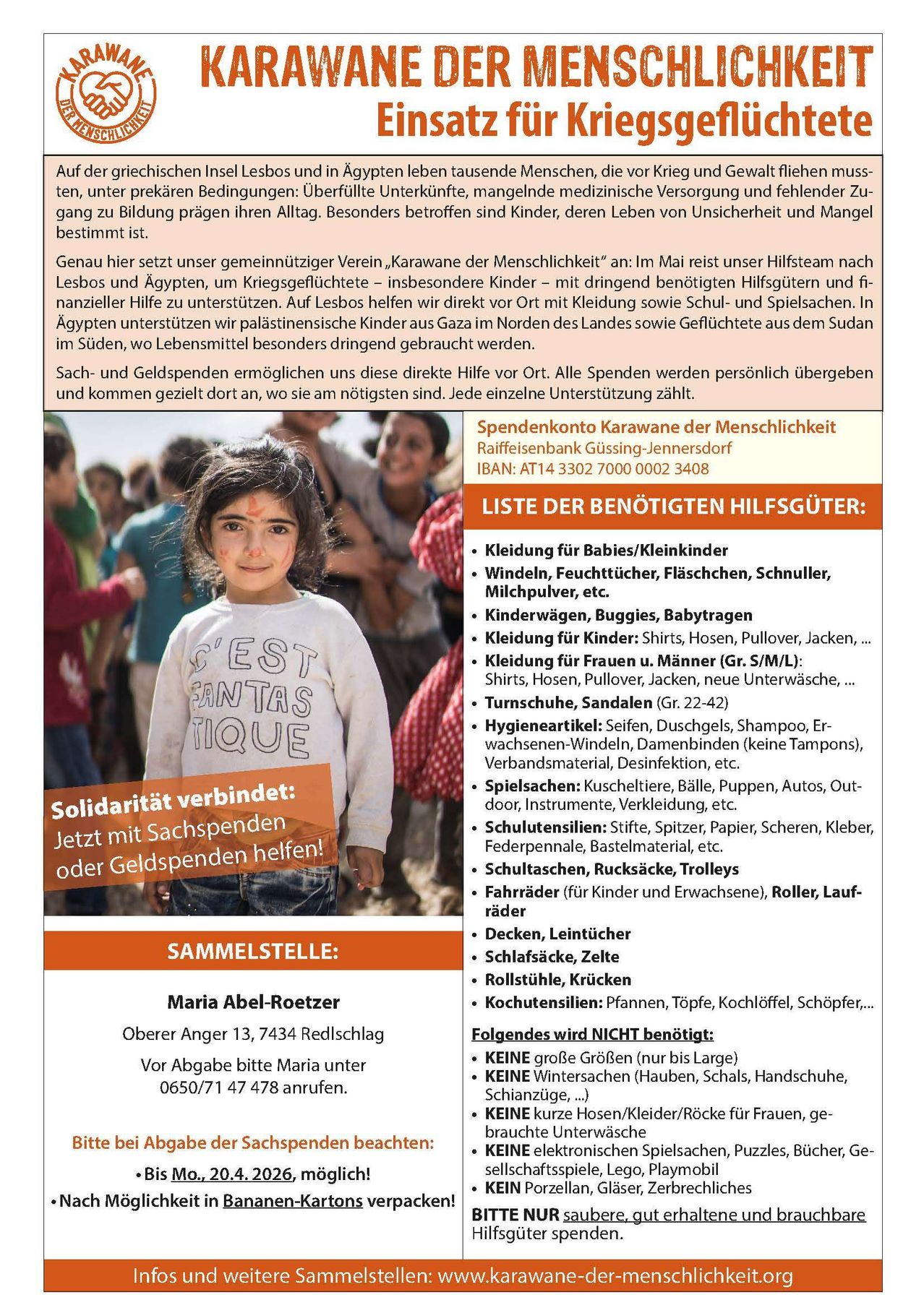 The image shows a flyer for donations to support children in need in Lesbos and Aydin. It lists various items needed and encourages donations of money or goods. It provides contact information for Maria Abel-Roetzer.